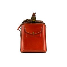 a red leather case with a bottle in it on a white background and clippings to the side