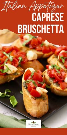 an italian appetizer caprese bruschetta on a black plate