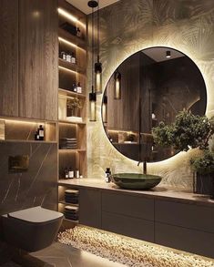 a bathroom with a large round mirror above the sink and shelves on the wall next to it