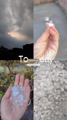 there is a collage of photos with clouds in the sky and snow flakes