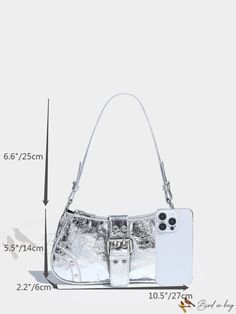 Bird in Bag - Silver Buckle Decorative Punk-Style Shoulder Bag/Crossbody Bag for Daily Use Punk Party Bags With Adjustable Strap, Party Shoulder Bag With Metal Hardware, Trendy Silver Satchel Baguette Bag, Trendy Party Bags With Hardware Details, Trendy Party Crossbody Baguette Bag, Trendy Crossbody Baguette Bag For Party, Punk Style Party Shoulder Bag With Adjustable Strap, Trendy Party Baguette Crossbody Bag, Punk Style Rectangular Shoulder Bag For Party