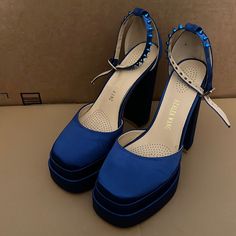 Royal Blue Platform Heels. They’re Actually Surprisingly Comfortable To Wear Despite Being So Tall. Never Worn Outside, Just Inside My House Blue Heels With Padded Heel For Night Out, Blue Platform Heels For Night Out, Formal Blue Platform Heels, Blue Platform Heels, Royal Blue Wedding Shoes, Royal Blue Heels, Nike Shoes Women Fashion, Prom Dress Inspo, Fancy Heels