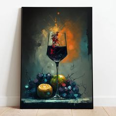 a painting of a glass of wine and some fruit on a table next to a wall