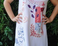 StarsWear Handmade White Sleeveless Dress, Vintage Handmade White Dresses, Vintage White Handmade Dress, Repurposed Linens, Hand Stitches, Hand Painted Dress, Hand Embroidered Flowers, Embroidery Transfers, Birds And Flowers