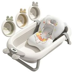 an infant's bathtub with the baby in it next to its feeding tray