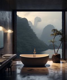 a bathroom with a large bathtub sitting next to a tree in front of a window