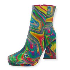 These gorgeous statement boots are a must have for every fashionista. Featuring a vibrant marble multi colored detail and stacked heel for that sassy and classy look. Finished with a lightly padded insole and easy slide style.Material: PVC (man-made)Sole: Synthetic Measurement Heel Height: 4” (approx) Multicolor High Ankle Party Boots, Trendy Multicolor Party Boots, Multicolor Ankle-high Boots For Fall, Funky Multicolor Boots For Spring, Multicolor High Heel Boots For Spring, Multicolor High Heel Spring Boots, Multicolor Round Toe Boots For Party, Multicolor Round Toe Heeled Boots For Party, Trendy Rainbow Round Toe Heels