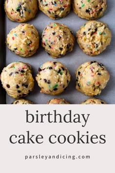 birthday cake cookies with sprinkles and chocolate chips on the top in a baking pan