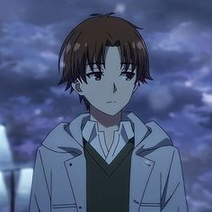 an anime character standing in front of a cloudy sky with his head tilted to the side