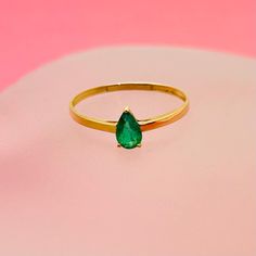 Marked 18K Centering an emerald of .30ct Miami Fl, Emerald Ring, Solid Yellow, Pear Shape, Rings Statement, Pear Shaped, Labour Day, Statement Rings, Pear