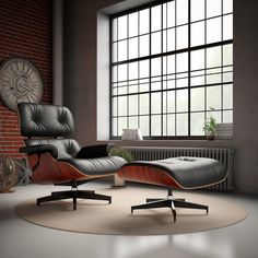 an eames lounge chair and ottoman in front of a window with a clock on the wall