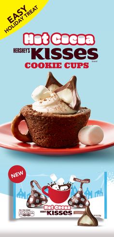 an advertisement for hot cocoa kisses cookie cups with marshmallows on the side