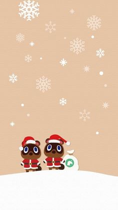 two brown bears wearing santa hats on top of a snow covered hill with snowflakes