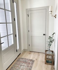 a white door with two windows and a rug on the floor in front of it