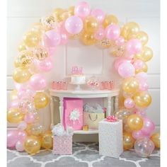 Pink & Gold Balloon Arch Kit - Stesha Party Pink And Gold Balloon Arch, Gold Balloon Arch, Clear Balloons With Confetti, Ballon Banner, Baby Shower Balloon Arch, Balloon Arch Kit, Gold Confetti Balloons, Curling Ribbon, Fairy Parties