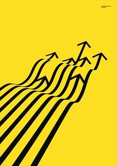 a yellow poster with black lines and three people on skis going up the mountain