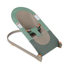 the baby seat is green and grey with an orange handle on it's side