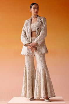 Buy Ivory Georgette Embroidered Mirror Notched Lapel Scalloped Coat Jacket For Women by Twenty Nine Online at Aza Fashions. Intricate Mirror, Beadwork Embroidery, Wear Crop Top, Jacket For Women, Scalloped Edges, Western Outfits, Indian Outfits, Aza Fashion, Stylish Dresses