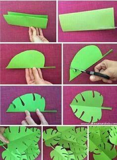 the steps to make a paper leaf with scissors and some cut out leaves on it