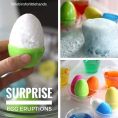 there are several different colored eggs in plastic cups and one is being held by someone's hand