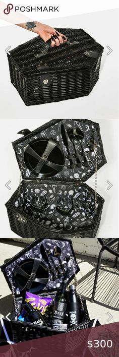 Dolls kill coffin picnic basket plate silverware set NWT goth widow black Coffin Picnic Basket, Gothic Easter, Ghoul Summer, Goth Valentines, Valentine Baskets