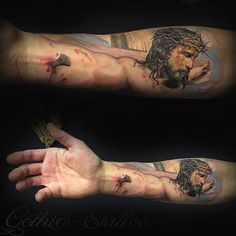 Tomb Tattoo, Crucifixion Tattoo, Jesus Tattoo On Arm, Inked Magazine Tattoos, Jesus Crucifixion, Tattoo On Arm, Floral Tattoo Shoulder