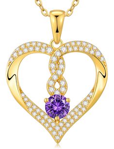 a heart shaped pendant with an amethorate stone in the center and diamonds around it