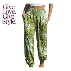 in stock Casual Harem Bottoms For Vacation, Casual Green Harem Pants For Vacation, Green Harem Pants With Pockets For Vacation, Spring Khaki Harem Pants With Elastic Waistband, Green Harem Pants For Vacation, Trendy Green Harem Pants With Elastic Waistband, Palm Leaf, Palm Leaves, Tapered Legs