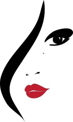 a woman's face with black hair and red lipstick