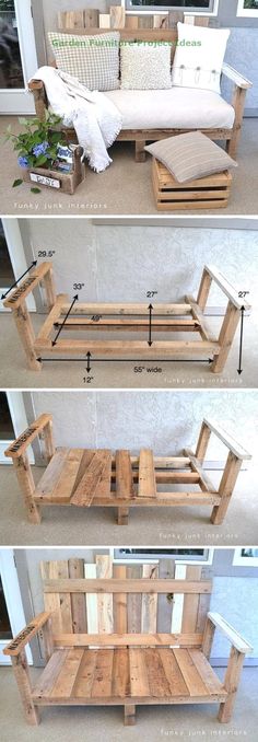 the instructions for how to make a sofa out of wood pallets and other materials