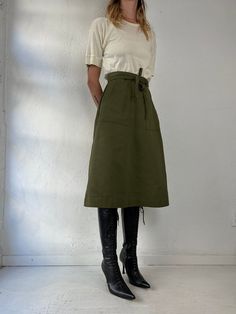 "- Vintage army green wrap skirt - Cotton poly blend - Ties up - Tagged small  Waist: 25\" Length: 27.5\"" Green Wrap Skirt, Green Wrap, Womens Skirts, White Faux Fur, Orange Leather, Leather Moto, Leather Moto Jacket, Small Waist, Green Cotton