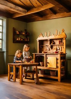 two children playing with wooden toys in a room