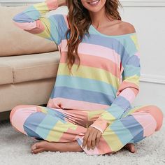 Season:Fall,Spring; Fabric:Cotton; Sleeve Length:Long Pant,Long Sleeve; Gender:Women's; Quantity:2 Pieces; Nightwear Style:Pjs,Nighty,Sets,Pajamas; Style:Fashion,Comfort,Soft; Elasticity:Micro-elastic; Tops Type:T shirt Tee; Occasion:Home,Bed,Daily; Age Group:Adults; Function:Breathable; Pattern:Stripe,Rainbow; Neckline:V Wire; Special Size:Plus Size; Bottom Type:Pant; Listing Date:10/08/2022; Hips:; Length [Bottom]:; Length [Top]:; Waist:; Print Type:3D Print; Bust:; Sleeve Length: Rainbow Pajamas, Sweat Suit Outfits, Lounge Wear Spring, Comfy Things, Stripe Fashion, Cute Lounge, Pattern Rainbow, Comfort Fashion, Clueless Outfits