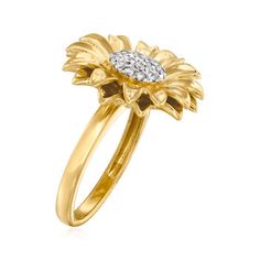 Ross-Simons - .25 ct. t. w. Diamond Sunflower Ring in 18kt Gold Over Sterling. Size 6. Brighten your day when you don this sunflower ring. The cheery design features .25 ct. t. w. round brilliant-cut diamonds in white rhodium with polished 18kt yellow gold over sterling silver petals. 3/4" wide. Diamond sunflower ring. Diamond birthstones are the perfect gift for April birthdays. Floral Pendant Necklace, Sunflower Ring, Sunflower Pendant, Sunflower Necklace, Diamond Birthstone, Sunflower Earrings, Floral Studs, Natural Gold, Diamond Flower