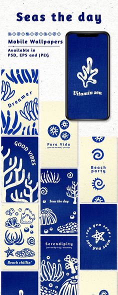 an advertisement with blue and white designs on it