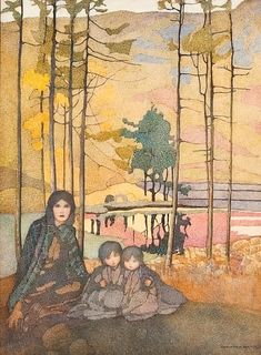 two women sitting on the ground in front of trees