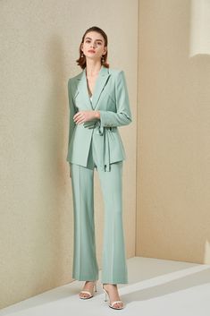 Mint Green Double Breasted Pantsuit Description: Peak lapels; front button blazer V-Neck, Long sleeves; button sleeves Structured shoulders. Chest welt pockets. V-Neck, Long sleeves; buttons Structured shoulders. Hip flap pockets Polyester 100% Imported Brand - Aision Model Number - 221005C1+P3 Mint Green Suits Women, Green Mint Outfit, Wedding Guest Suit Women, Pastel Green Suit, Mint Green Outfit Ideas, Pink Kanjivaram Saree, Green Pantsuit, Green Suit Women, Blue Banarasi Saree