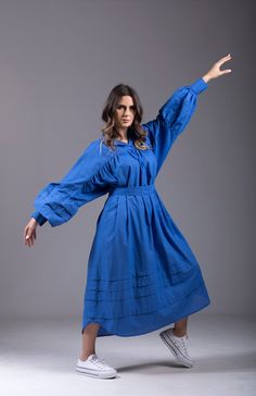 "100% Cotton Dress, Plus Size Clothing, Boho Maxi Dress Feel your absolute best when you wear this comfy summer cotton dress that features a loose fit for easy movement and breathability. The unique and extravagant design, as well as the voluminous sleeves, make it a must-have in your dress collection if your style is bold. The royal blue dress comes with a fabric belt so you also have the option to get the perfect fit on the waist. Pair this dress with sneakers for a casual daytime look and you Spring Oversized Cotton Midi Dress, Oversized Cotton Midi Dress For Spring, Oversized Cotton Maxi Dress For Summer, Oversized Cotton Summer Dress, Cotton Lagenlook Maxi Dress In Relaxed Fit, Cotton Lagenlook Maxi Dress With Relaxed Fit, Cotton Lagenlook Dress With Relaxed Fit, Cotton Lagenlook Relaxed Fit Dress, Cotton Relaxed Fit Sundress Midi Dress