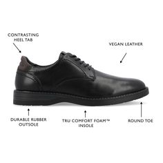 Introducing the Rutger plain toe derby by Vance Co. These sophisticated shoes are crafted with durable vegan leather for a polished look. With a comfortable 12 mm Tru Comfort Foam™ insole and a lace-up design, they provide all-day comfort and a secure fit. The 1-inch block heel and round-toe shape, combined with the durable rubber sole, make the Rutger plain toe derby a dapper and reliable option for any occasion. Synthetic Plain Toe Dress Shoes For Work, Plain Toe Synthetic Dress Shoes For Work, Leather Dress Shoes With Ortholite Insole For Work, Fitted Synthetic Oxfords For Workwear, Leather Oxfords With Ortholite Insole For Work, Black Dress Shoes With Ortholite Insole For Work, Slip-resistant Leather Oxfords For Work, Synthetic Plain Toe Lace-up Shoes For Work, Platform Block Heels