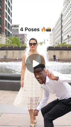 a man and woman posing in front of a fountain with the caption 4 poses