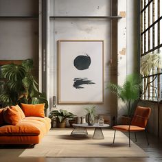 a living room with an orange couch, chair and large painting on the wall above it