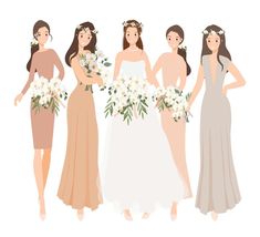 the bridesmaids are wearing different dresses and holding bouquets