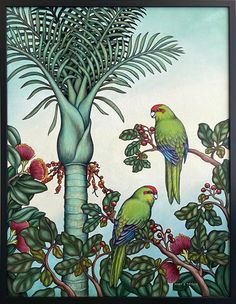 two green birds perched on top of a tree