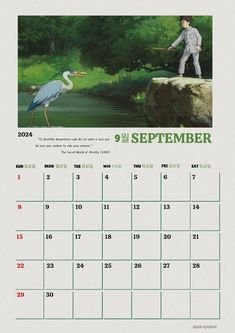 a calendar with an image of a bird and a man fishing on the riverbank