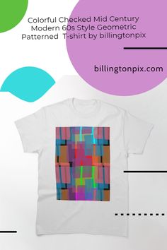 a t - shirt with the text colorful checkered mid century modern 60s style geometric pattern