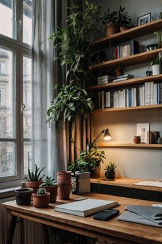 a wooden desk topped with books and plants