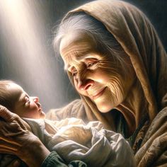 an old woman holding a baby in her arms and looking at the light coming from behind