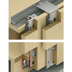 two images show the different parts of an office cabinet door and one is open with a sliding mechanism