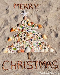 a christmas tree made out of seashells and shells on the beach with merry written in sand