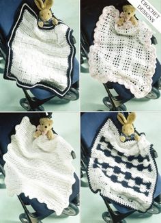 four pictures of baby blankets with teddy bears in them and one is on a stroller